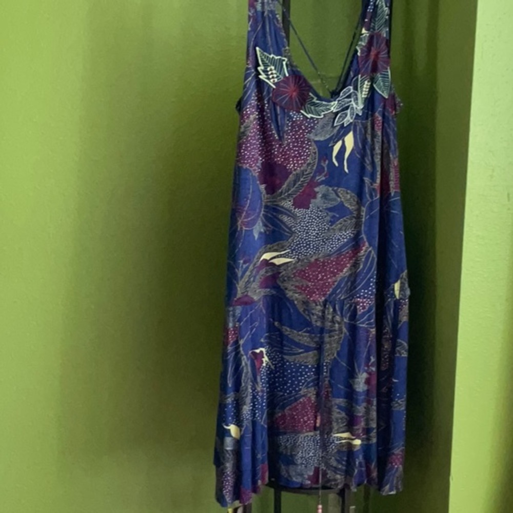 💖Lux blue print summer dress with spaghetti straps, drop waist with beaded tie